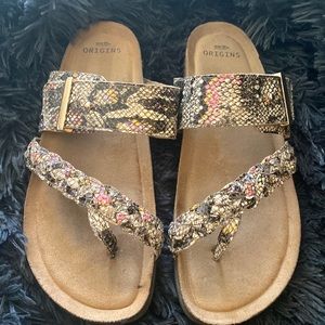 EARTH ORIGINS SANDALS ANIMAL PRINT BRAIDED LEATHER TOE POST SIZE 11 GENTLY USED